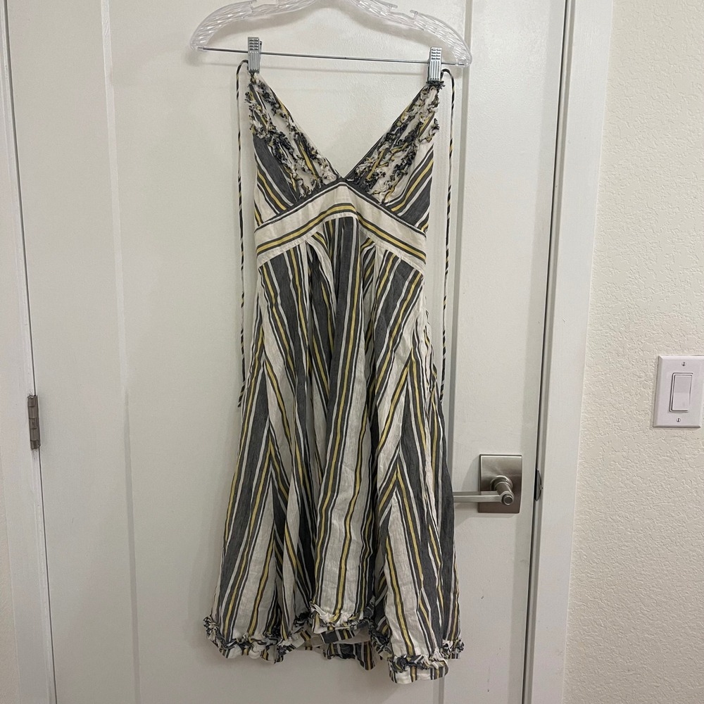 Vintage Y2K J Crew Linen Striped Midi Dress Halter Ties Wedding Party